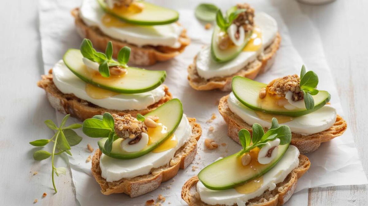 Des tartines poire, roquette et fromage frais à découvrir