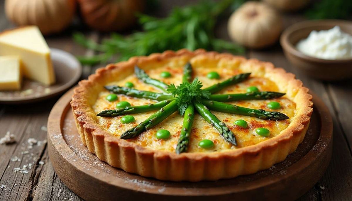 L'art de la quiche : asperges, petits pois et fromage de brebis