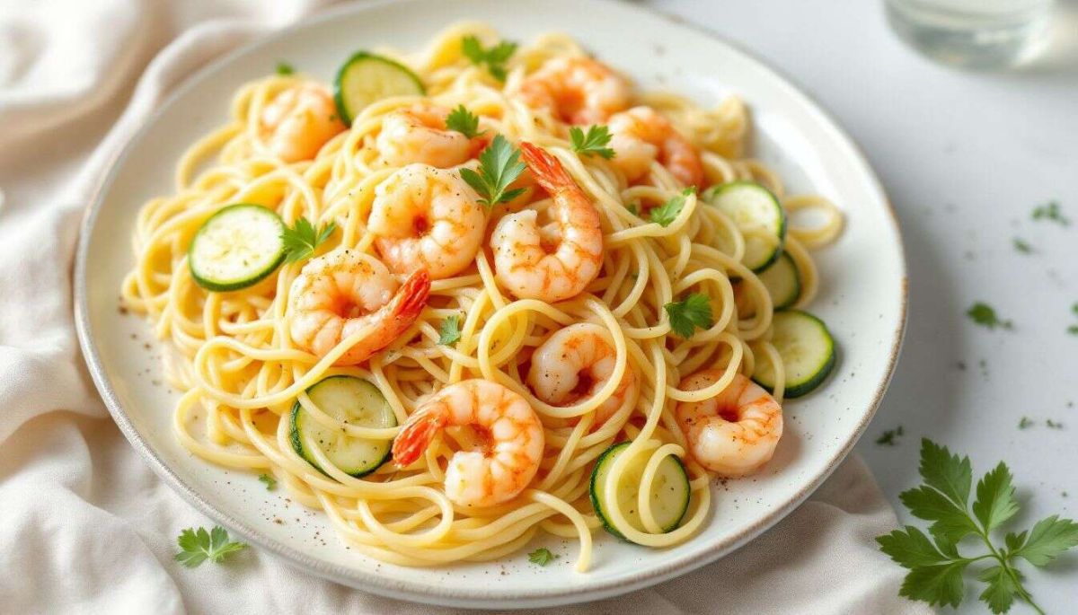 Des pâtes aux crevettes et courgettes qui vont régaler vos papilles