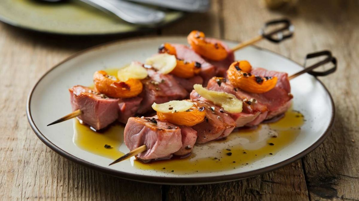Des brochettes de canard délicieuses aux abricots rôtis