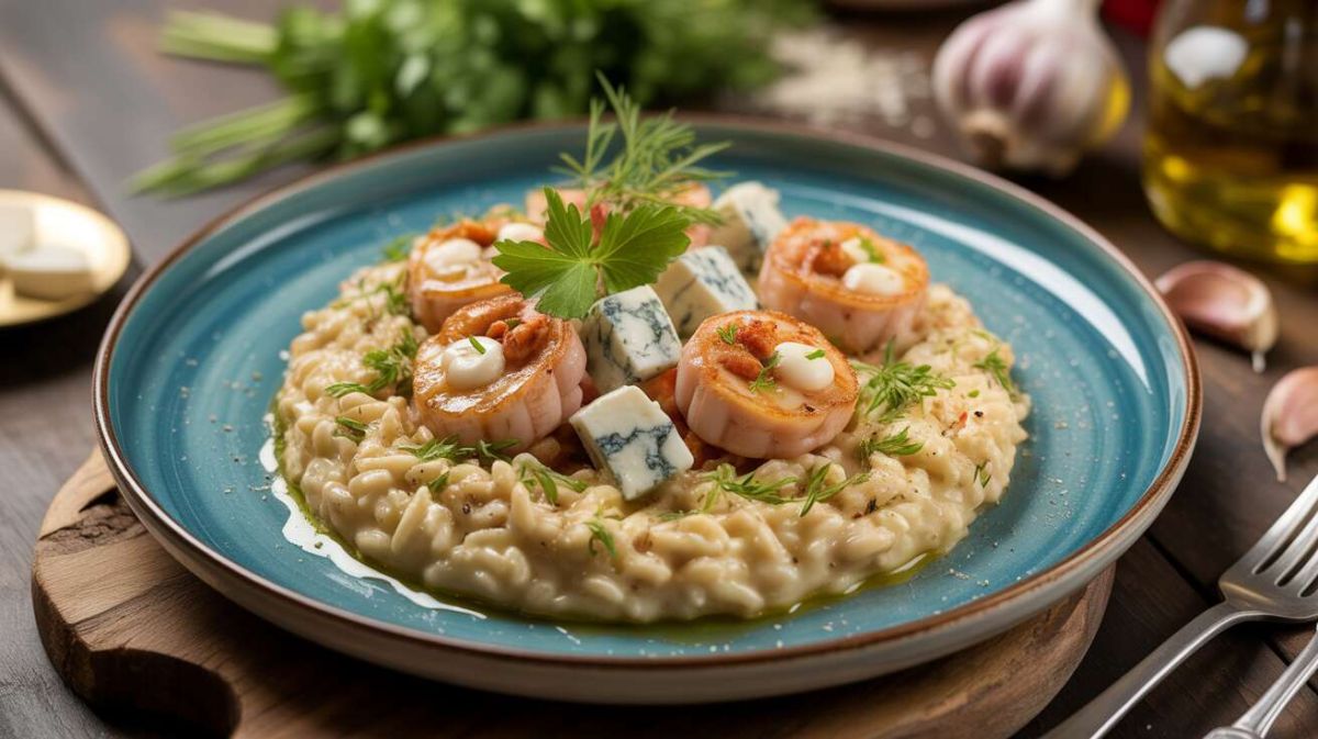 Un risotto aux saveurs marines : Saint-Jacques et gambas sublimés par le fromage bleu