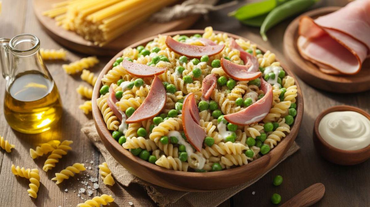 Une salade de pâtes légère aux petits pois et jambon