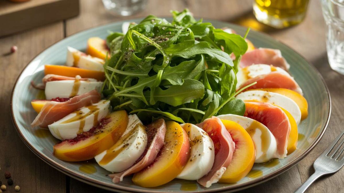 Découvrez notre salade minceur : pêches, jambon et mozzarella légère