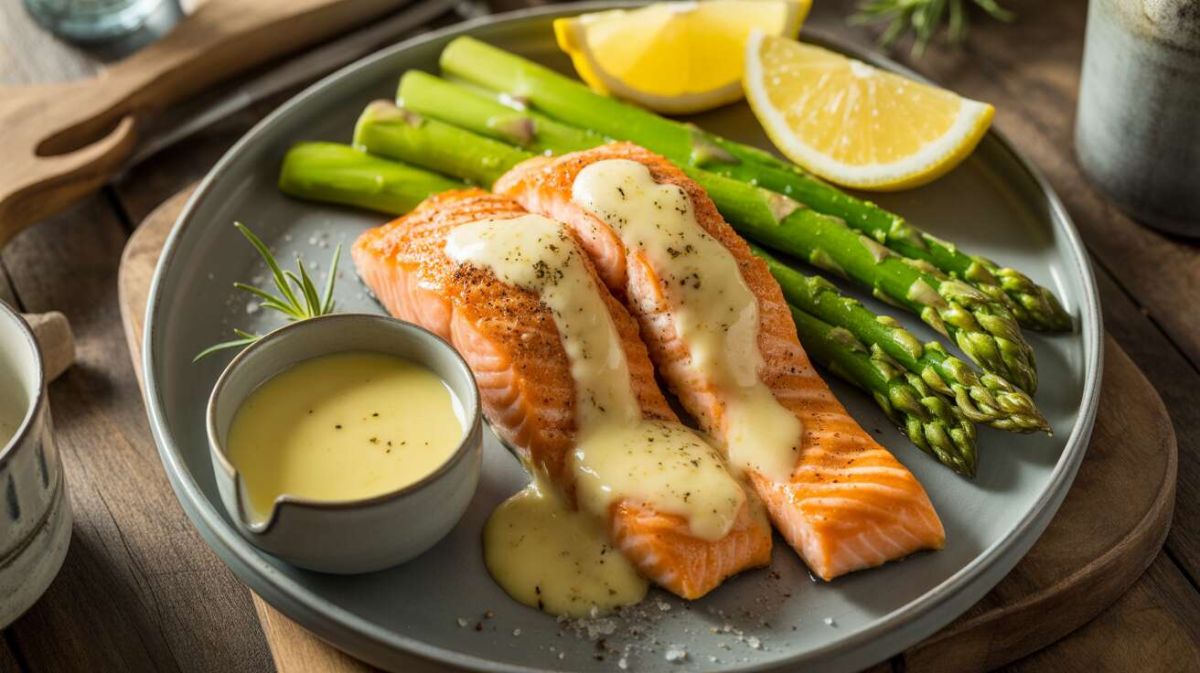 Une recette légère de saumon grillé aux asperges et sa sauce hollandaise délicate